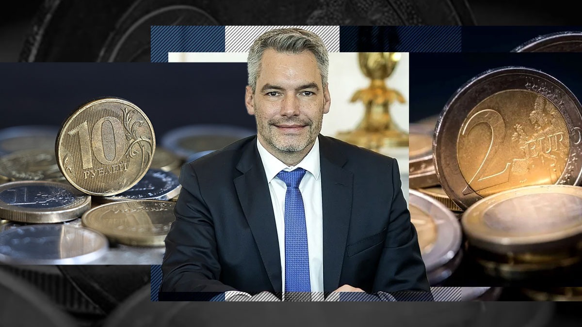 GAFĂ de proporții sau intenție a implacabilului cancelar Nehammer? „Dușmanul” României a ales să promoveze imaginea Austriei, folosind ruble rusești