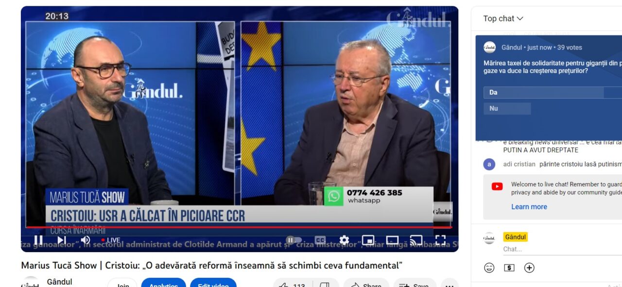 POLL Marius Tucă: „Mărirea taxei de solidaritate pentru giganții din petrol și gaze va duce la creșterea prețurilor?”. Ce au răspuns telespectatorii