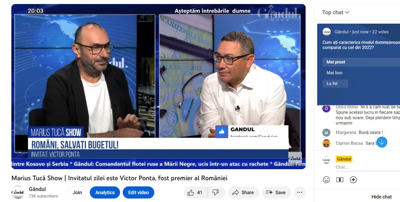 POLL Marius Tucă Show: „Cum ați caracteriza nivelul dumneavoastră de trai, comparat cu cel din 2022?”. Au existat trei variante de răspuns