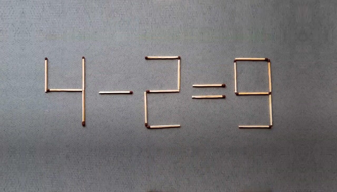 TEST de inteligență cu chibrituri | Mutați exact 2 bețe pentru a corecta 4 – 2 = 9