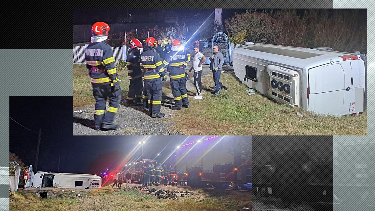 VIDEO | Accident teribil în Dâmbovița, un microbuz cu 12 pasageri răsturnat într-un șanț. 13 răniți, nici un mort confirmat