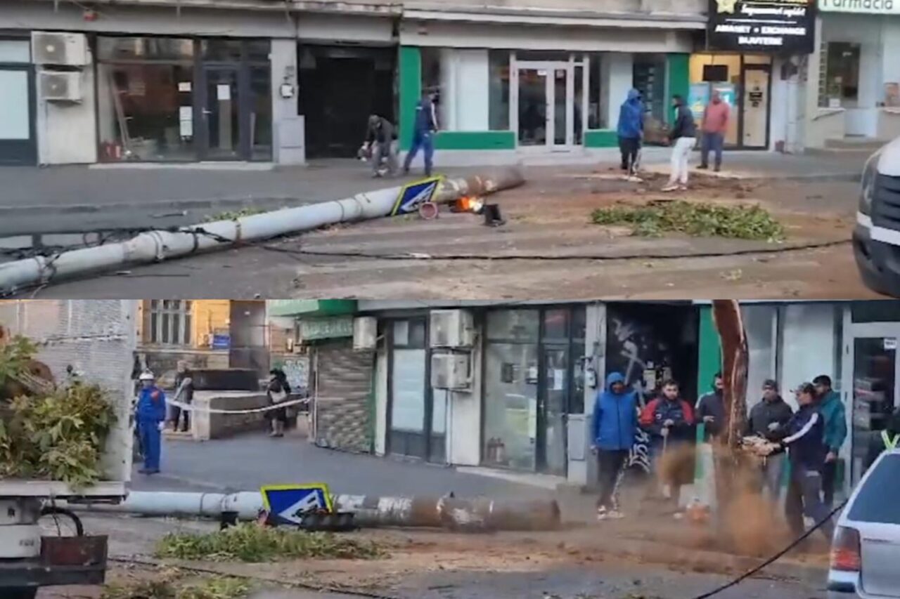 GALERIE FOTO: Incident periculos lângă Gara de Nord din București: Un stâlp de iluminat a căzut peste o trecere de pietoni