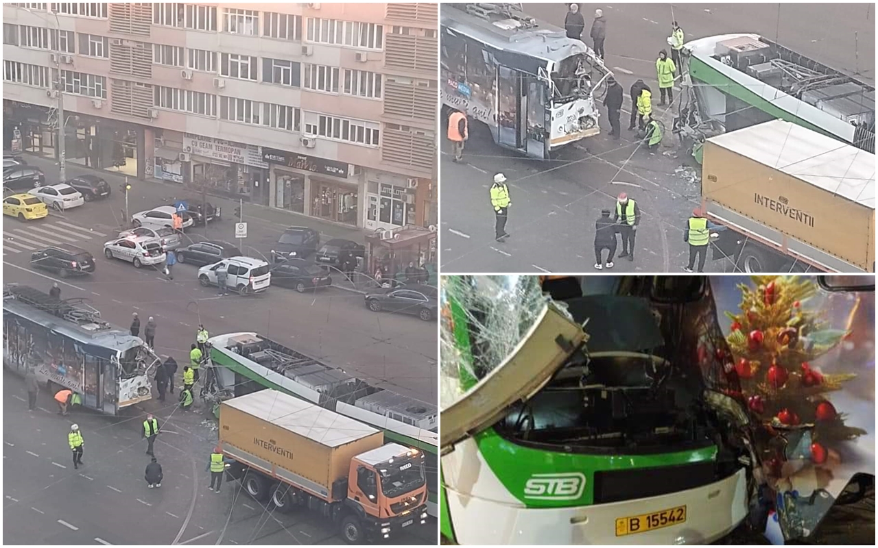 Două tramvaie s-au ciocnit în Capitală. Cei doi vatmani și un călător au ajuns la SPITAL