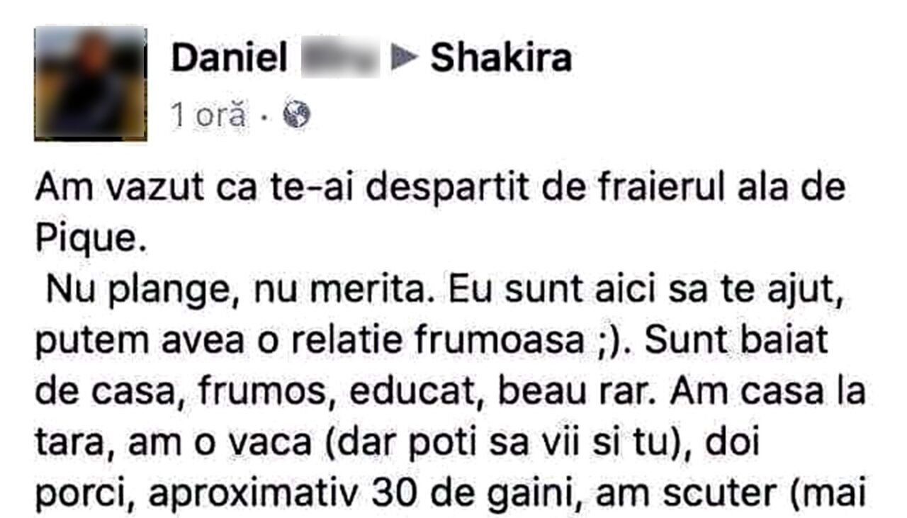 Ce mesaj a primit SHAKIRA de la un român: „Sunt băiat de casă, beau rar, am casă, o vacă, 30 de găini și…”