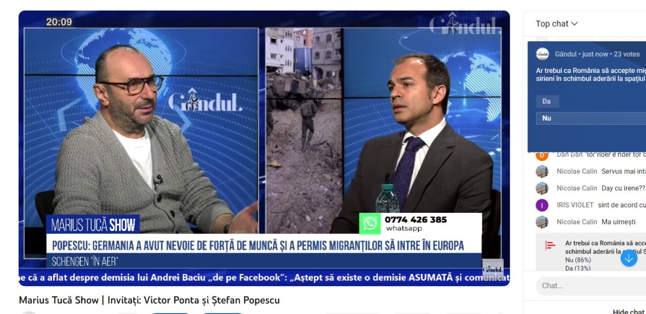 POLL Marius Tucă Show: „Ar trebui ca România să accepte migranți afgani și sirieni, în schimbul aderării la spațiul Schengen?”