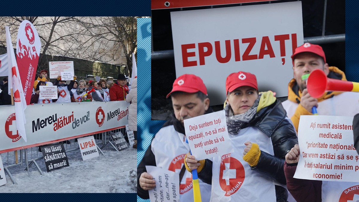 Angajații din SĂNĂTATE au protestat în fața Ministerului Muncii. Asistent medical:”Eroul din pandemie a fost îngenuncheat”