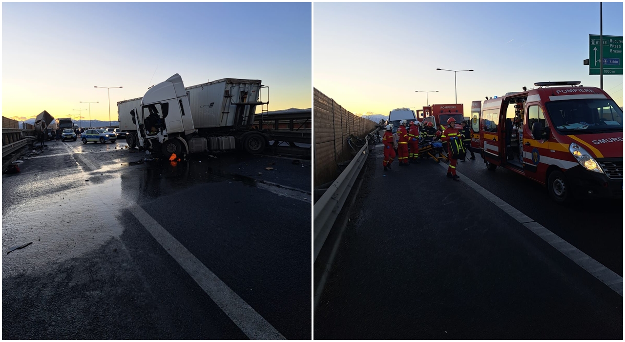 ACCIDENT teribil pe Centura Sibiului. Nouă persoane rănite după o coliziune între un TIR și două camionete