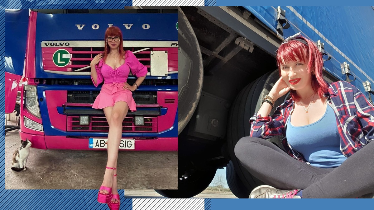 EXCLUSIV VIDEO | Șoferița Barbie de România poartă decolteu adânc, se îmbracă în roz și conduce TIR-uri. ”Aveam un vecin care mă plimba cu camionul”