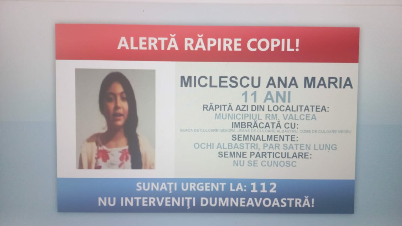 Fetița de 11 ani din Râmnicu Vâlcea, răpită de patru bărbați și o femeie, a fost găsită. Bunica copilei alertase Poliția, la 112