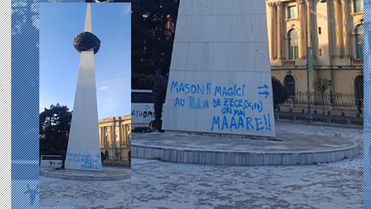 Celebrul monument „Măslină-n scobitoare” de pe Calea Victoriei a fost VANDALIZAT. Ce mesaj a scris „artistul stradal” / Poliția l-a identificat