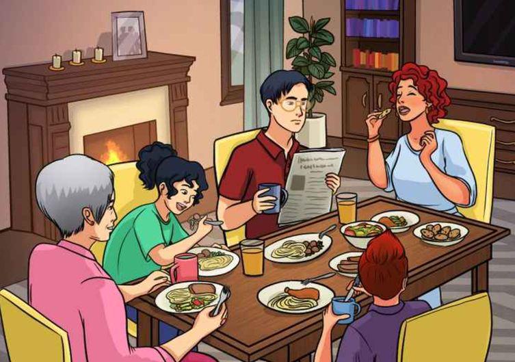 TEST IQ | Descoperă greșeala din această imagine cu o cină în familie! Geniile își dau seama în mai puțin de 7 secunde
