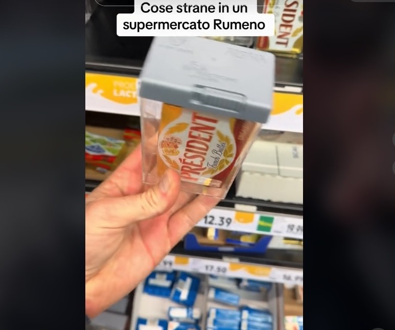 Ce reacţie a putut avea un italian care a descoperit într-un supermarket din București un pachet de unt securizat | VIDEO viral pe TikTok