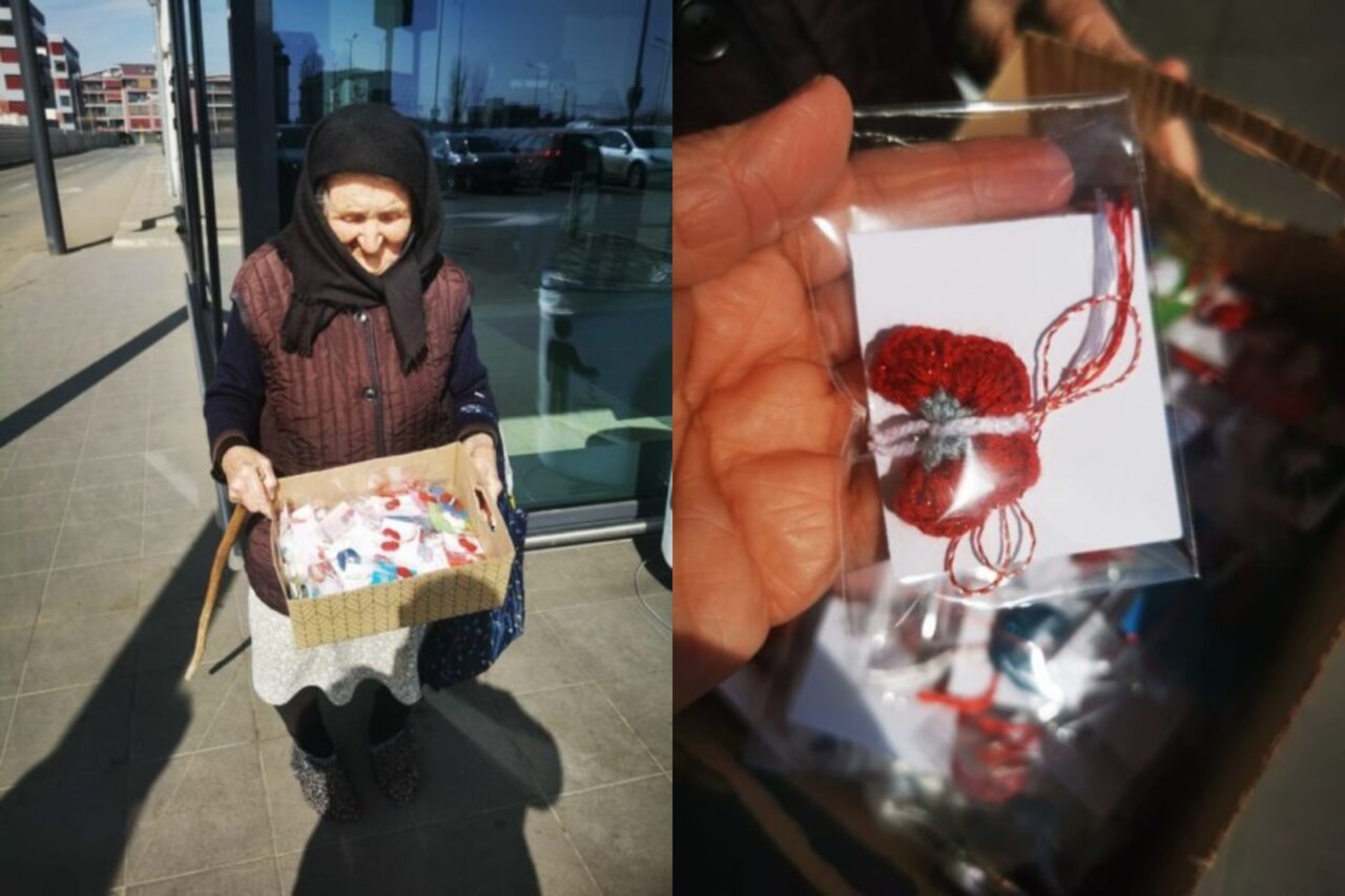 Povestea bătrânei care vinde MĂRȚIȘOARE cu 1 leu în față la Lidl ca să strângă bani de mâncare. Se teme să nu o amendeze polițiștii