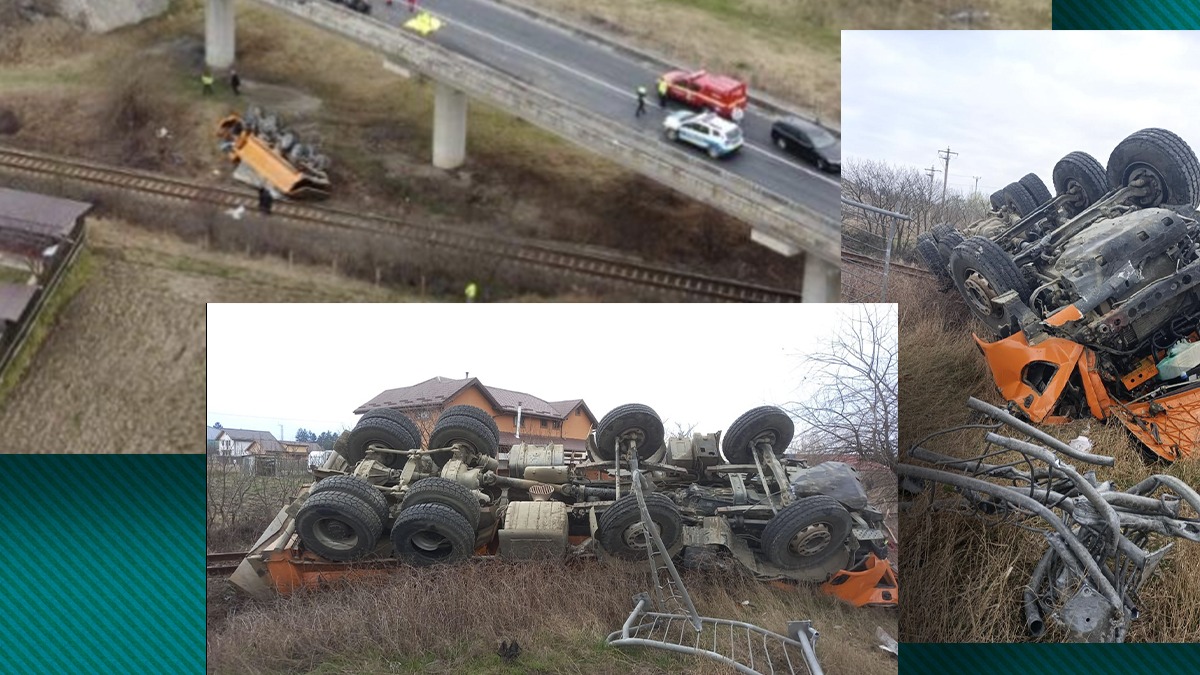 Accident cu 3 MORȚI pe Centura Avrigului, în Sibiu. Un camion a căzut de pe un pod peste calea ferată, în urma impactului cu un autoturism