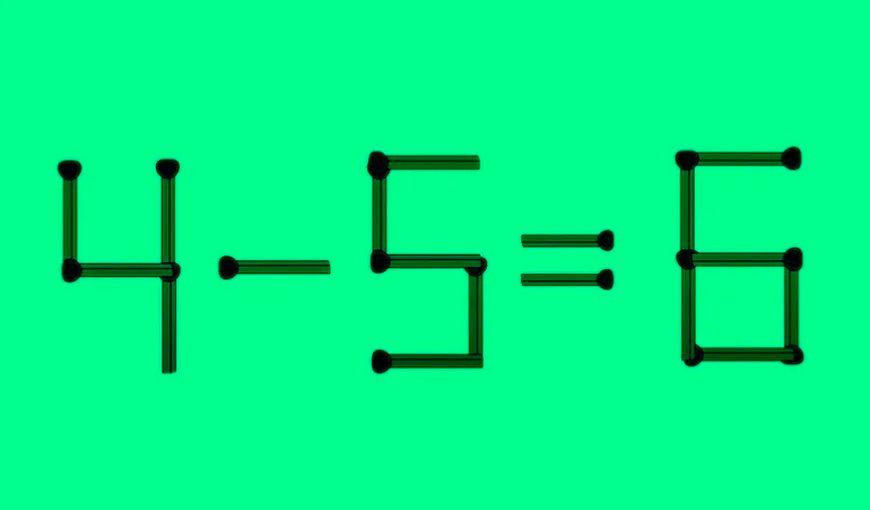 TEST IQ | Mută un singur băț de chibrit pentru a corecta 4 – 5 = 6