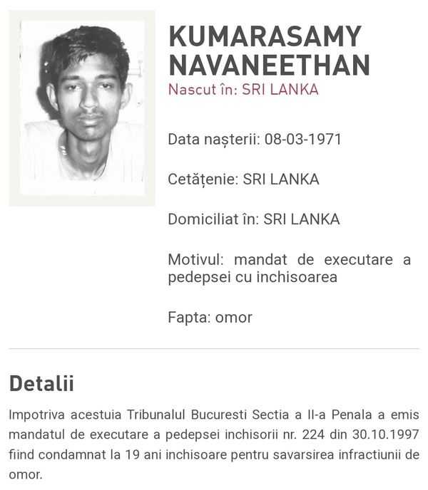 Criminalul fugar Navaneethan a fost recuperat de Justiție după o treime de SECOL. Cetățeanu din Sri Lanka era căutat din 1991