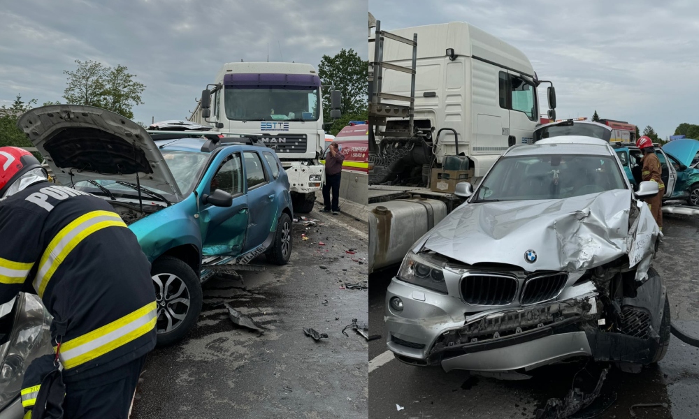 Accident rutier GRAV pe DN1, după ce șase autoturisme și un autocamion s-au ciocnit. Două persoane, transportate de urgență la spital