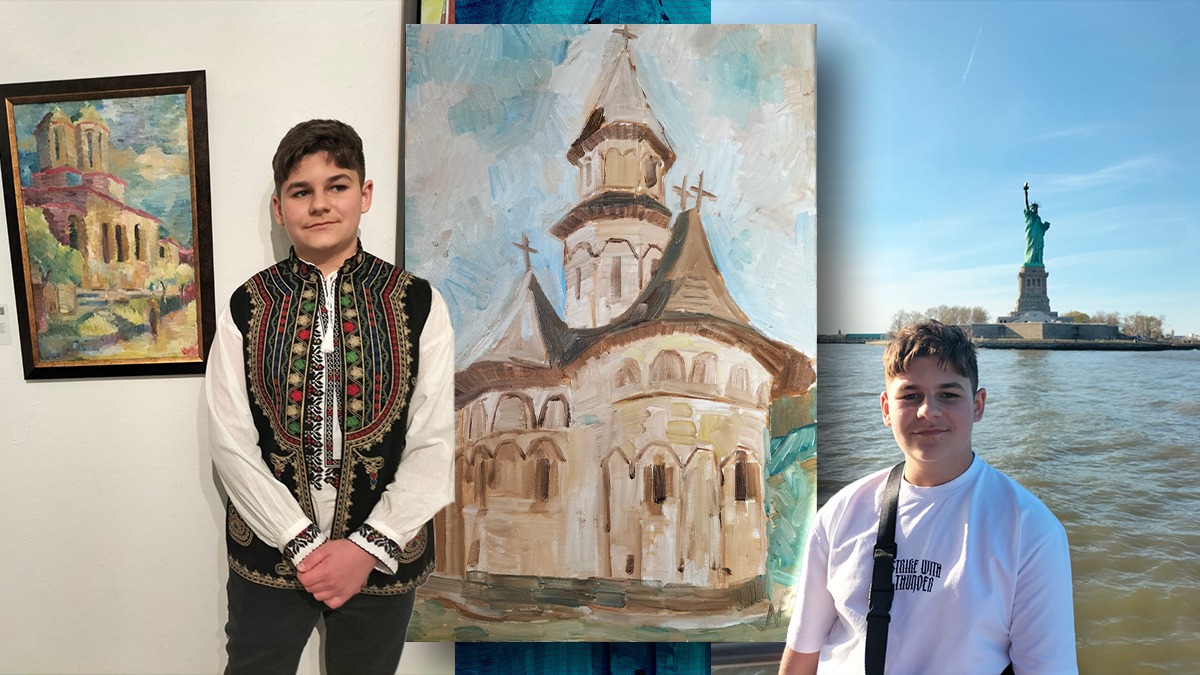 POVESTEA micului pictor care a impresionat New York-ul, cu lucrarea care ilustrează Mănăstirea Radu-Vodă. „Dumnezeu lucrează prin oameni”