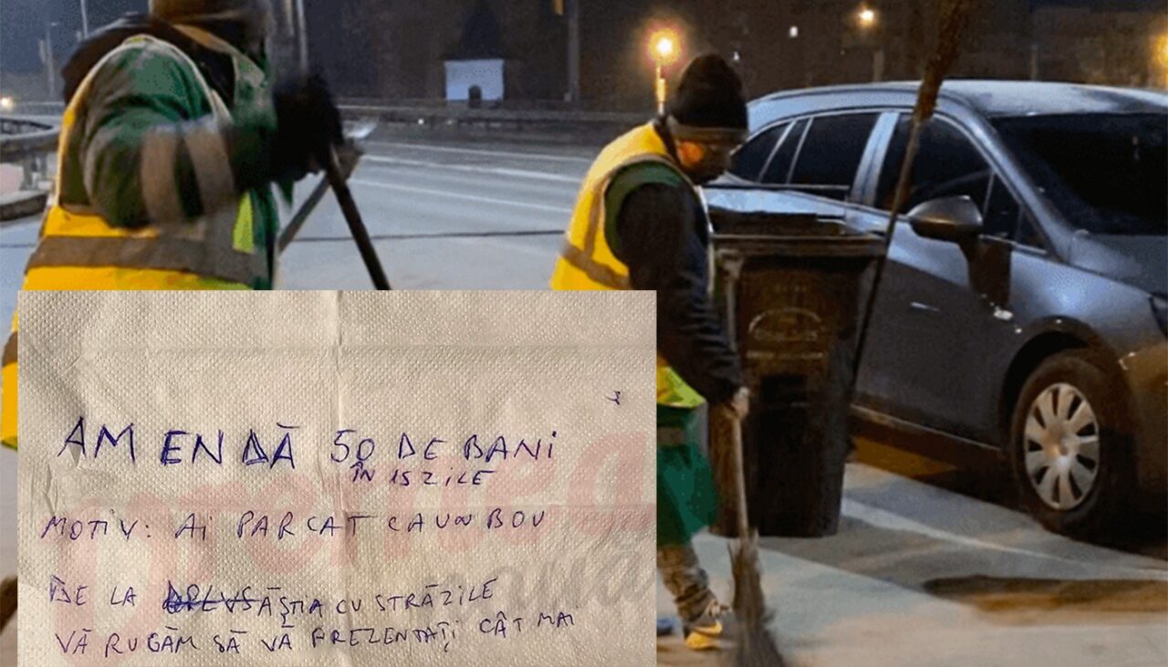 Ce BILEȚEL a lăsat un măturător din Vaslui, în parbrizul mașinii, unui șofer care a parcat neregulamentar: „Amendă 50 de bani. Motiv:”