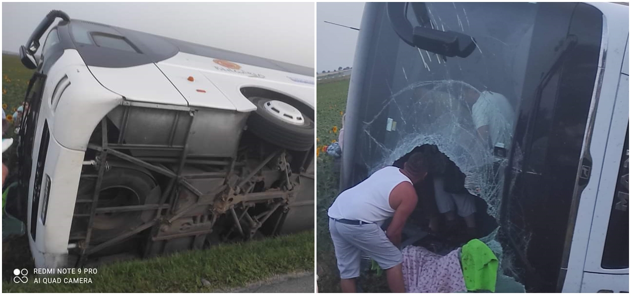 Autocar înmatriculat în BULGARIA, răsturnat pe DN2, în Vrancea/Opt persoane au suferit răni ușoare, una a fost dusă la spital