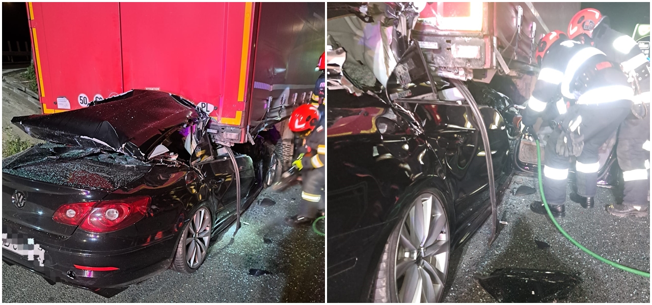 Tragedie pe A1. Tânăr de 22 de ani, mort după ce a intrat cu mașina sub un autocamion parcat regulamentar