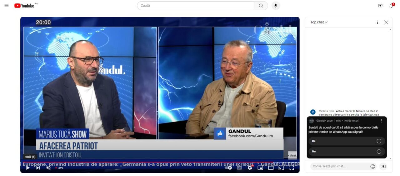 Poll Marius Tucă Show: „Sunteți de acord ca UE să aibă acces la convorbirile private trimise pe WhatsApp sau Signal?”