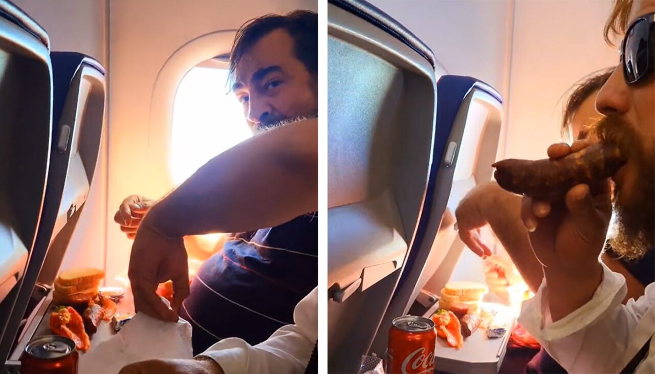 Ce au pățit acești doi români, după ce au fost filmați mâncând cârnați în avion. Imaginile au devenit virale în lumea întreagă