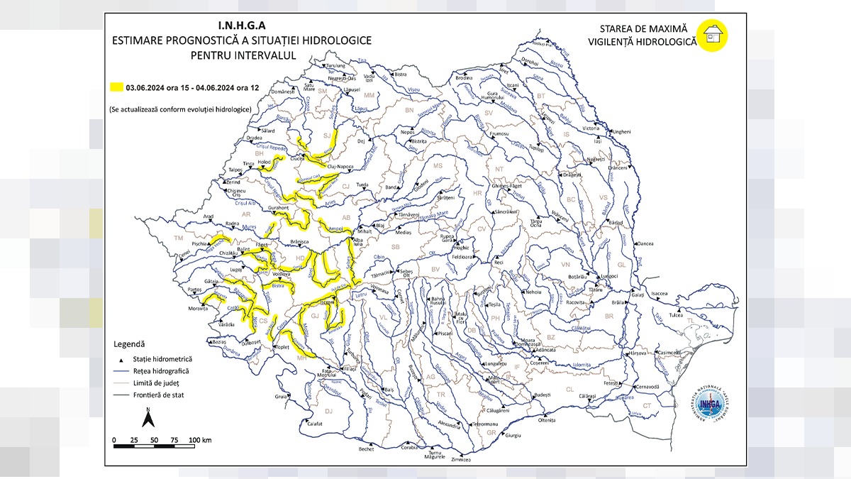 Cod Galben de viituri și inundații în bazinele hidrografice din Vestul și Sud-Vestul României