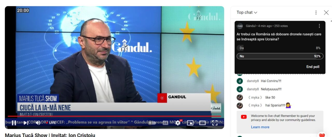 Poll Marius Tucă Show: Ar trebui ca România să doboare dronele rusești care se îndreaptă spre Ucraina?   