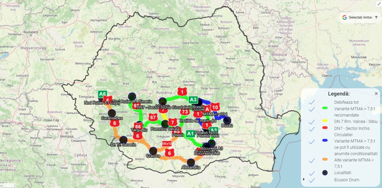 Harta cu informații în timp real despre aglomerația pe rutele ocolitoare ale DN 7, după ce traficul pe Valea Oltului se închide din 8 iulie
