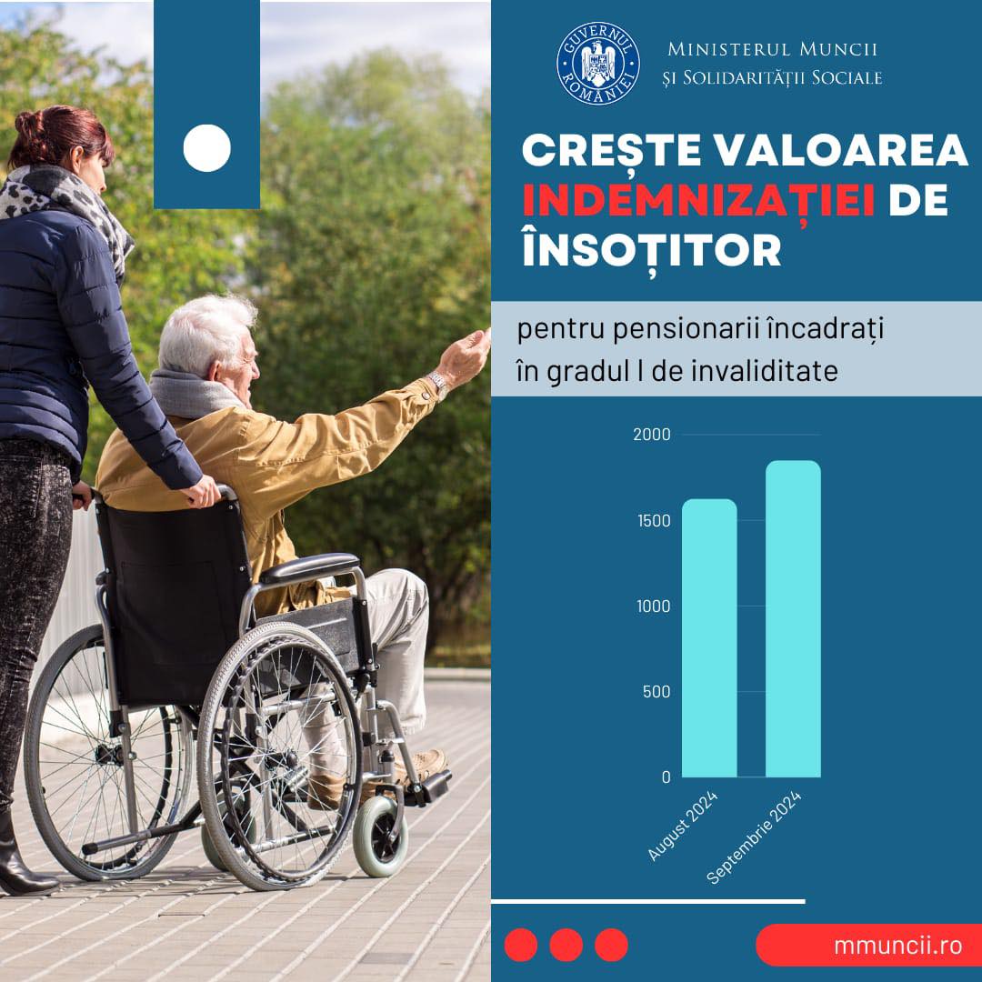 Ministerul Muncii: Creşte valoarea INDEMNIZAȚIEI de însoţitor pentru pensionarii încadraţi în gradul I de invaliditate