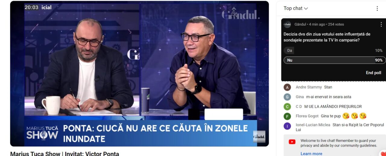 POLL Marius Tucă Show: Decizia dumneavoastră din ziua votului este influențată de sondajele prezentate la TV în campanie?