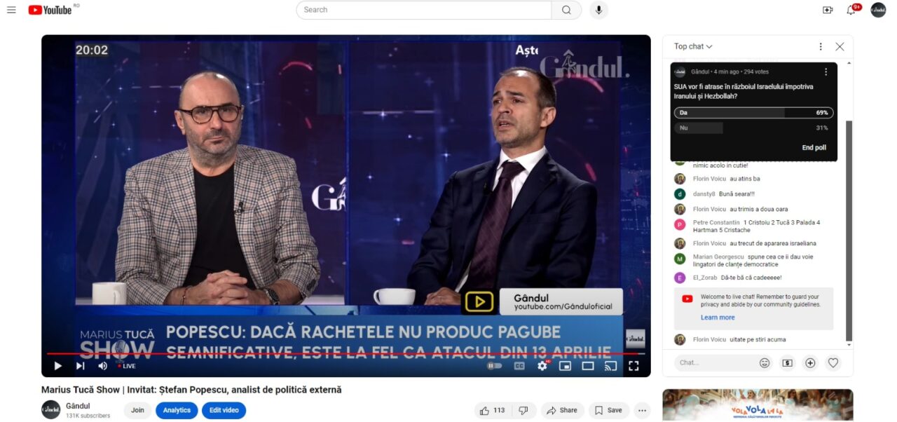 Poll Marius Tucă Show. SUA vor fi atrase în războiul Israelului împotriva Iranului și Hezbollah?
