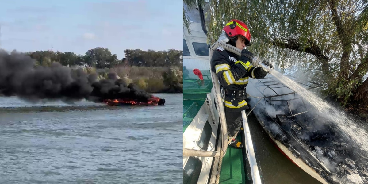 O ambarcațiune a luat FOC pe Dunăre. La bord se aflau două persoane. Pompierii au intervenit de URGENȚĂ