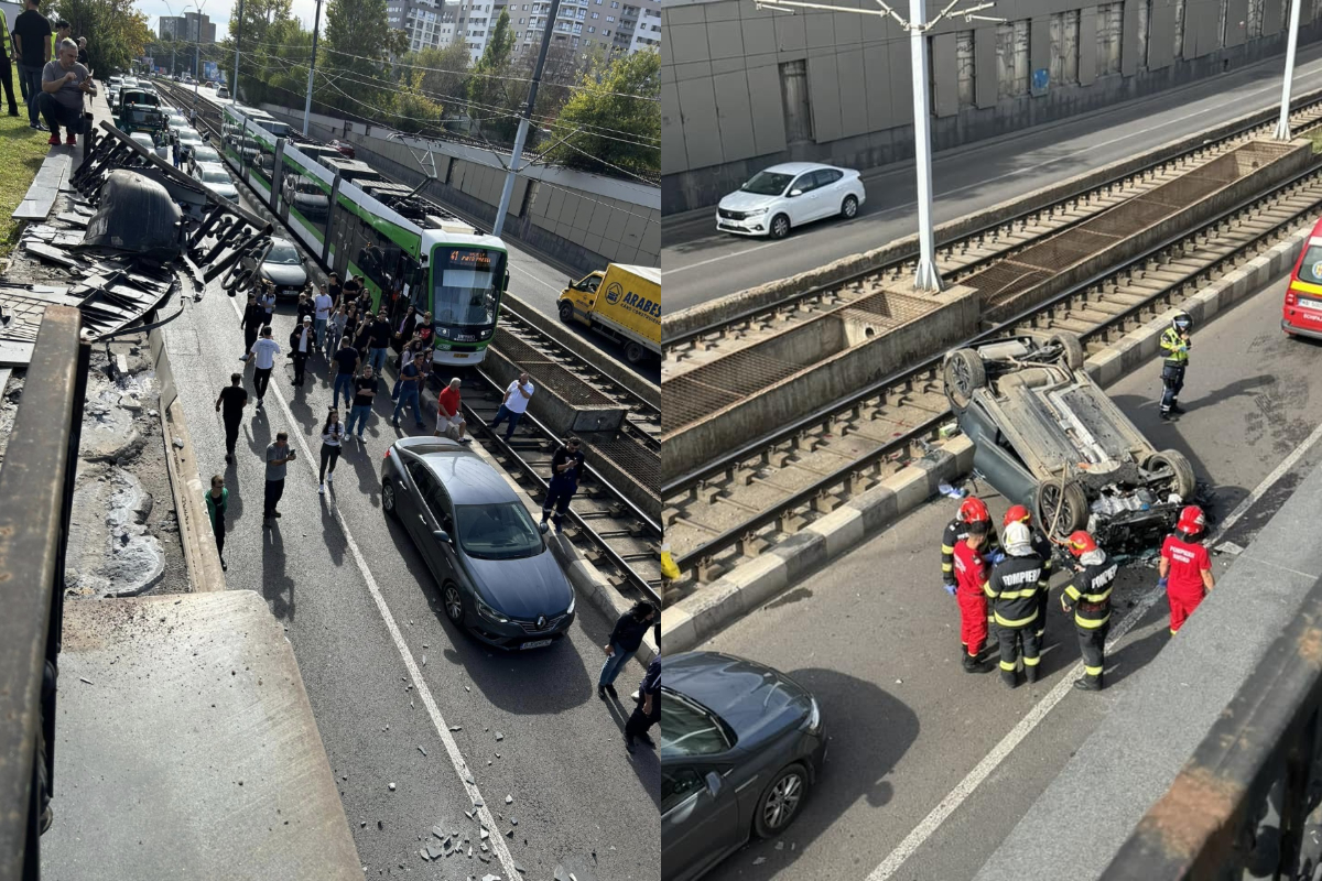 Linia tramvaiului 41 din Capitală, BLOCATĂ timp de 80 de minute după ce o mașină s-a răsturnat pe șine