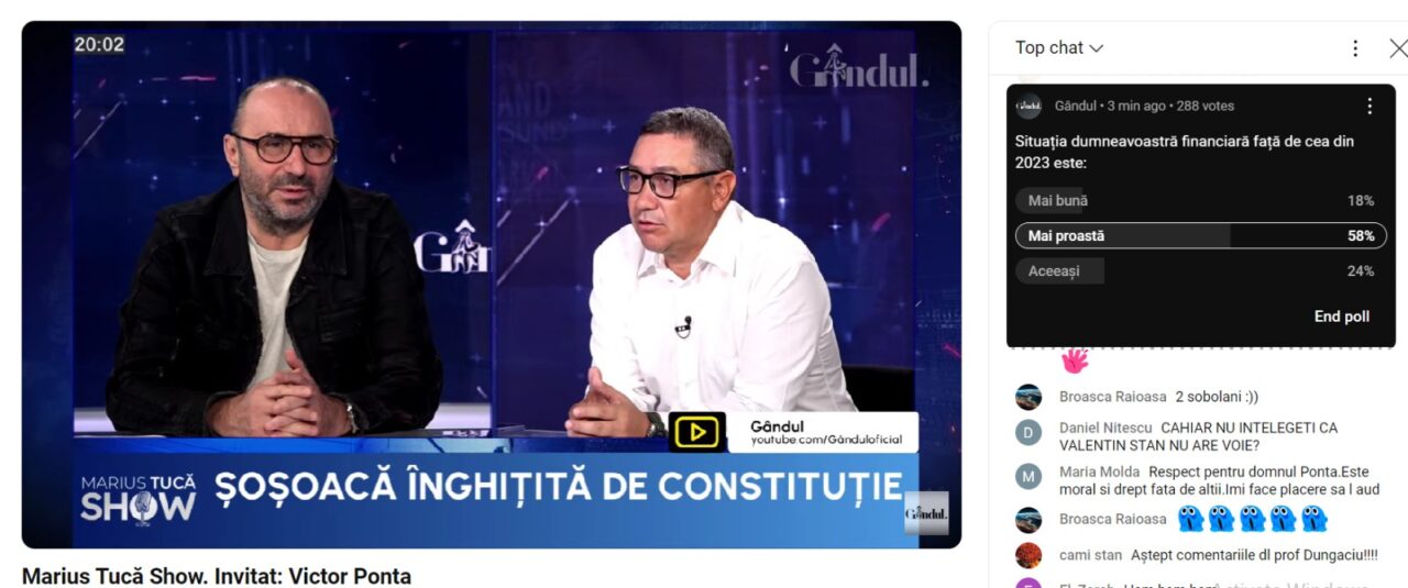 Poll Marius Tucă Show. „Situația dumneavoastră financiară față de cea din 2023 este: mai bună, mai proastă sau aceeași?”