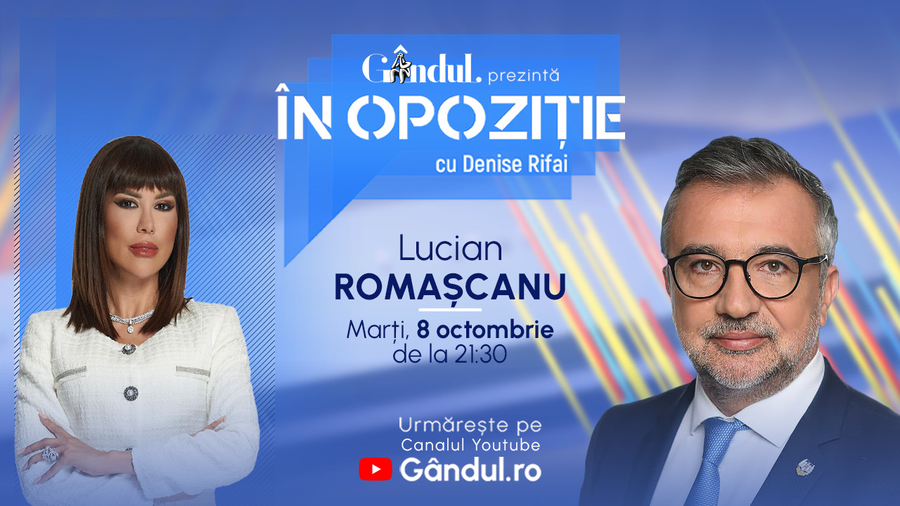 Emisiunea „În Opoziție cu Denise Rifai” începe marți, 8 octombrie, de la ora 21.30, live pe Gândul. Invitați: Lucian Romașcanu și Amalia Bellantoni