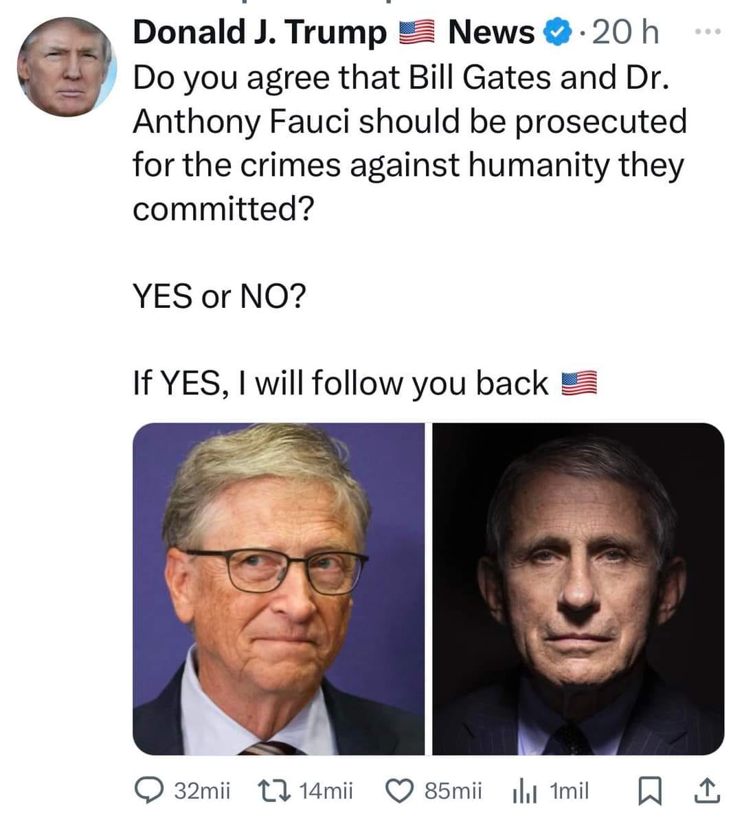 Una din paginile de Social Media deschise în numele lui Trump îi acuză pe Bill Gates și Dr. Fauci de CRIME împotriva umanității