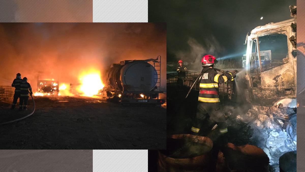 Un incendiu violent a mistuit un parc auto din 2Mai. Flăcările au cuprins cisternele de bitum. Pompierii au reușit să stingă focul