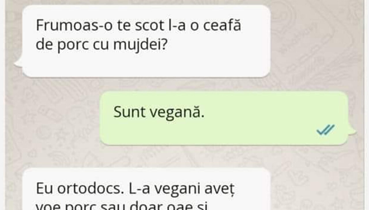 Bancul de sâmbătă | Agramatul, vegana și ceafa de porc