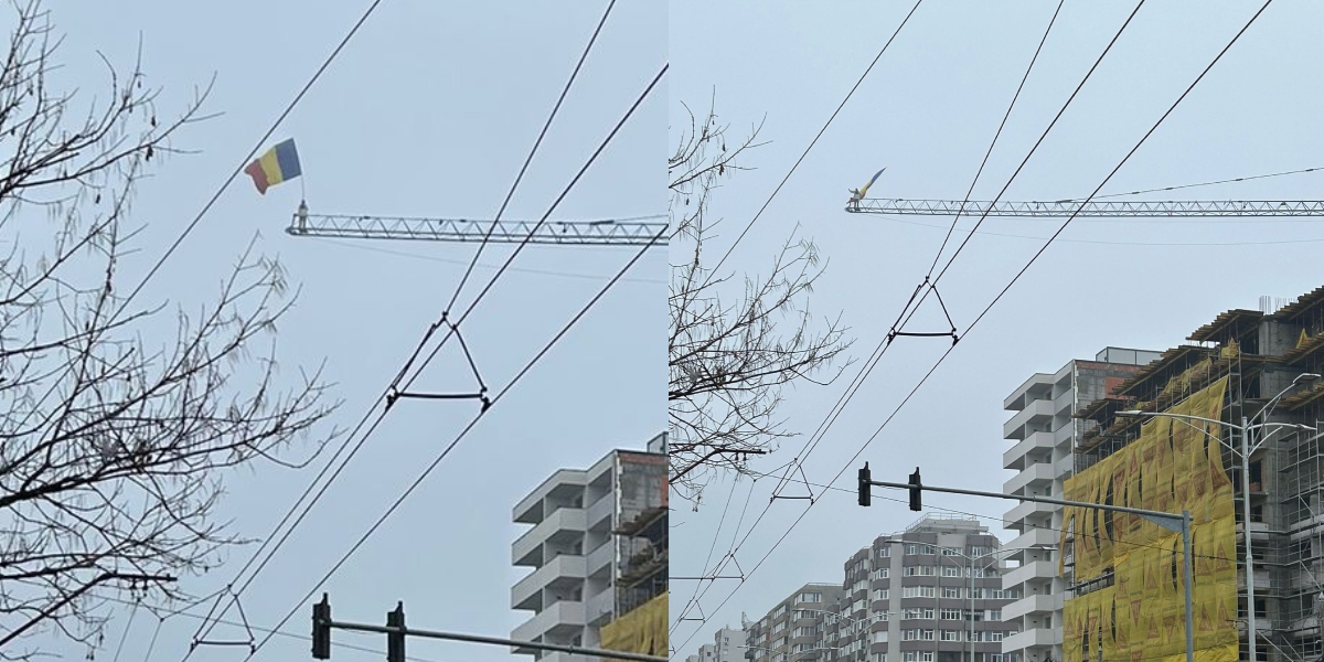 „Stegarul dac” s-a URCAT pe macaraua de la Păcii. Trafic blocat spre centrul Bucureștiului. Un echipaj de pompieri s-a deplasat la fața locului