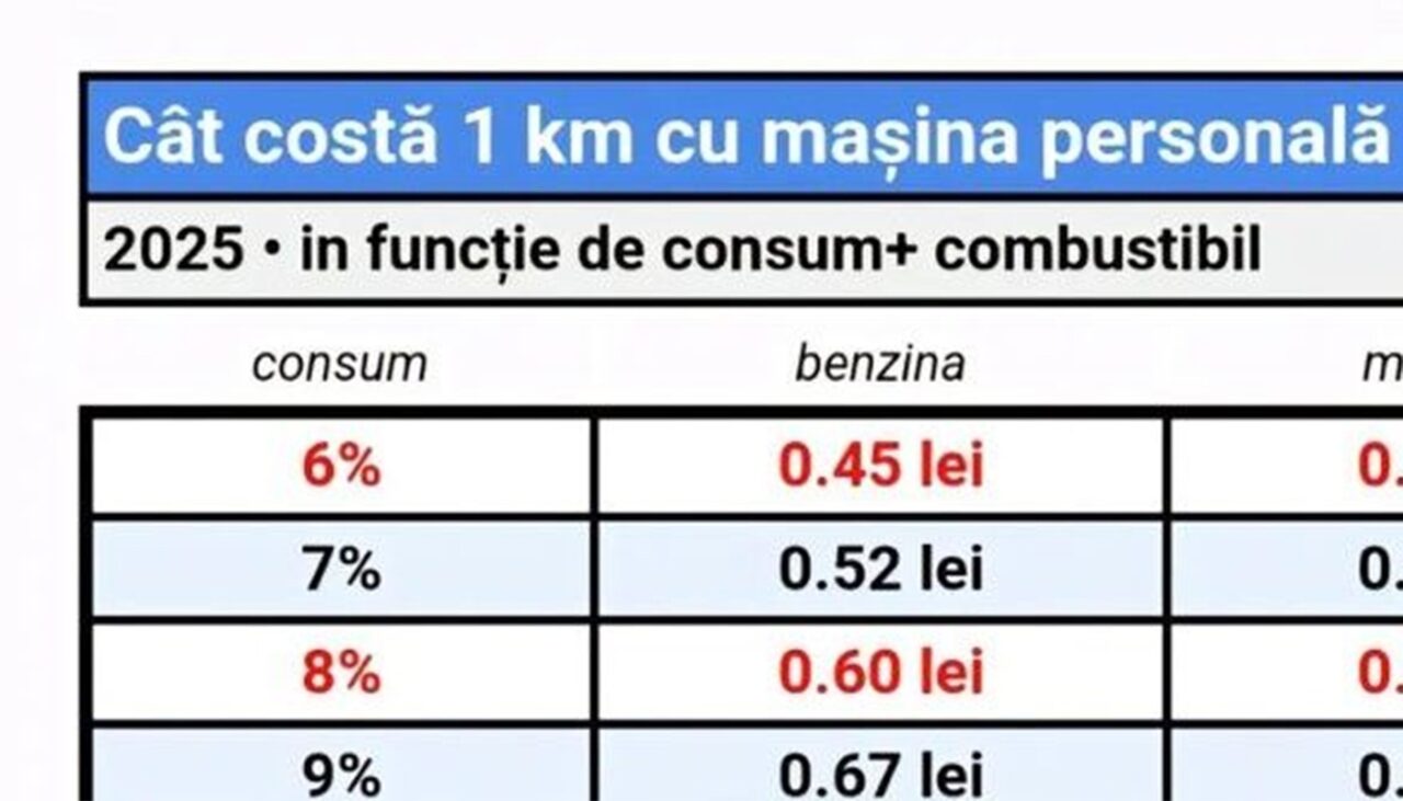 Tabel pentru benzină și motorină | Cât costă 1 km cu mașina în 2025, în România, în funcție de CONSUM