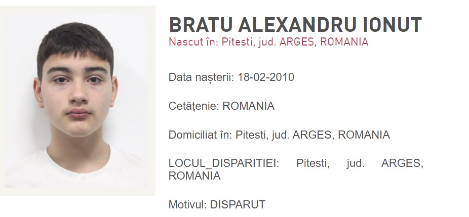 Alexandru Ionuț Bratu are 14 ani și a dispărut de acasă, din Pitești. APELUL autorităților: dacă îl vedeți sunați la 112!