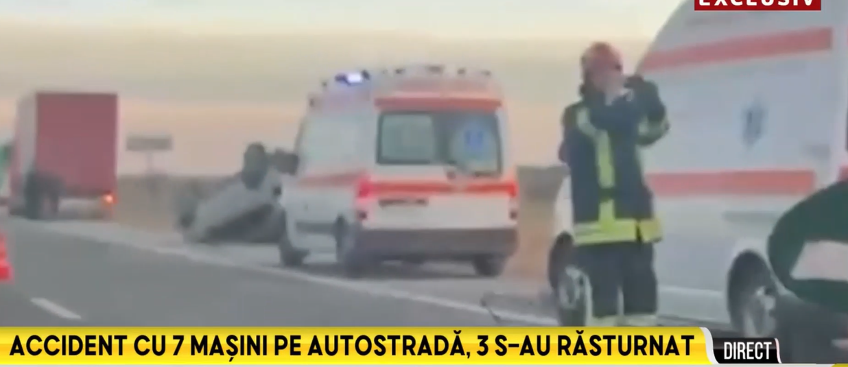 ACCIDENT rutier grav pe autostrada A1 București-Pitești. Șapte mașini au fost implicate, iar două persoane au fost rănite