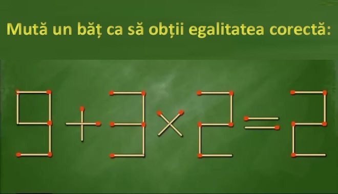 TEST | Mută un băţ de chibrit pentru a transforma 9+3×2=2 într-un rezultat corect