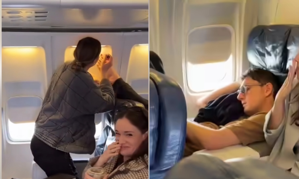 Ce a pățit acest tânăr, după ce a adormit așa în avion. Cum s-a răzbunat pasagera din față