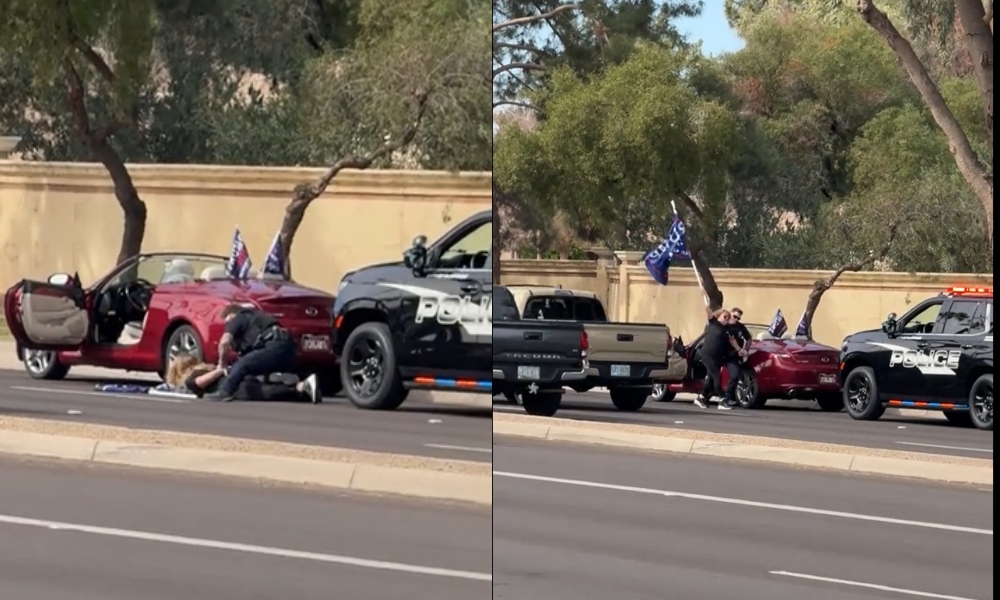 O româncă din SUA, susținătoare a lui Donald Trump, a fost trântită la pământ de ofițerii de poliție, după ce a fluturat steagul pro-Trump în trafic
