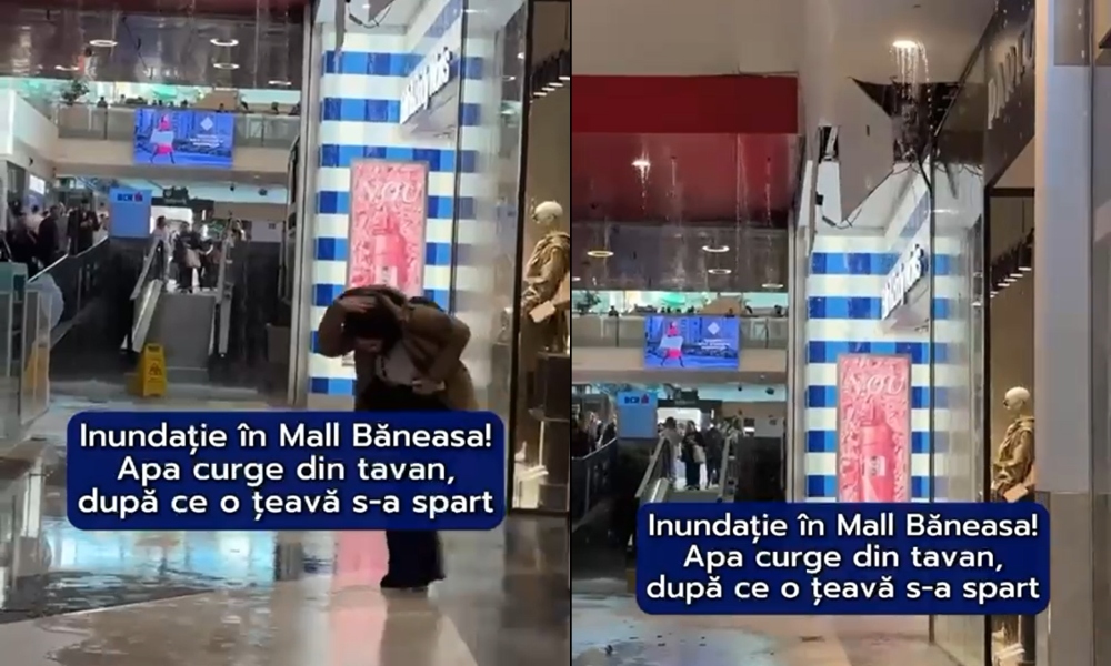 VIDEO | INUNDAȚIE în mall Băneasa. Apa curge șuvoaie prin acoperiș, din cauza unei țevi sparte: „M-am speriat”
