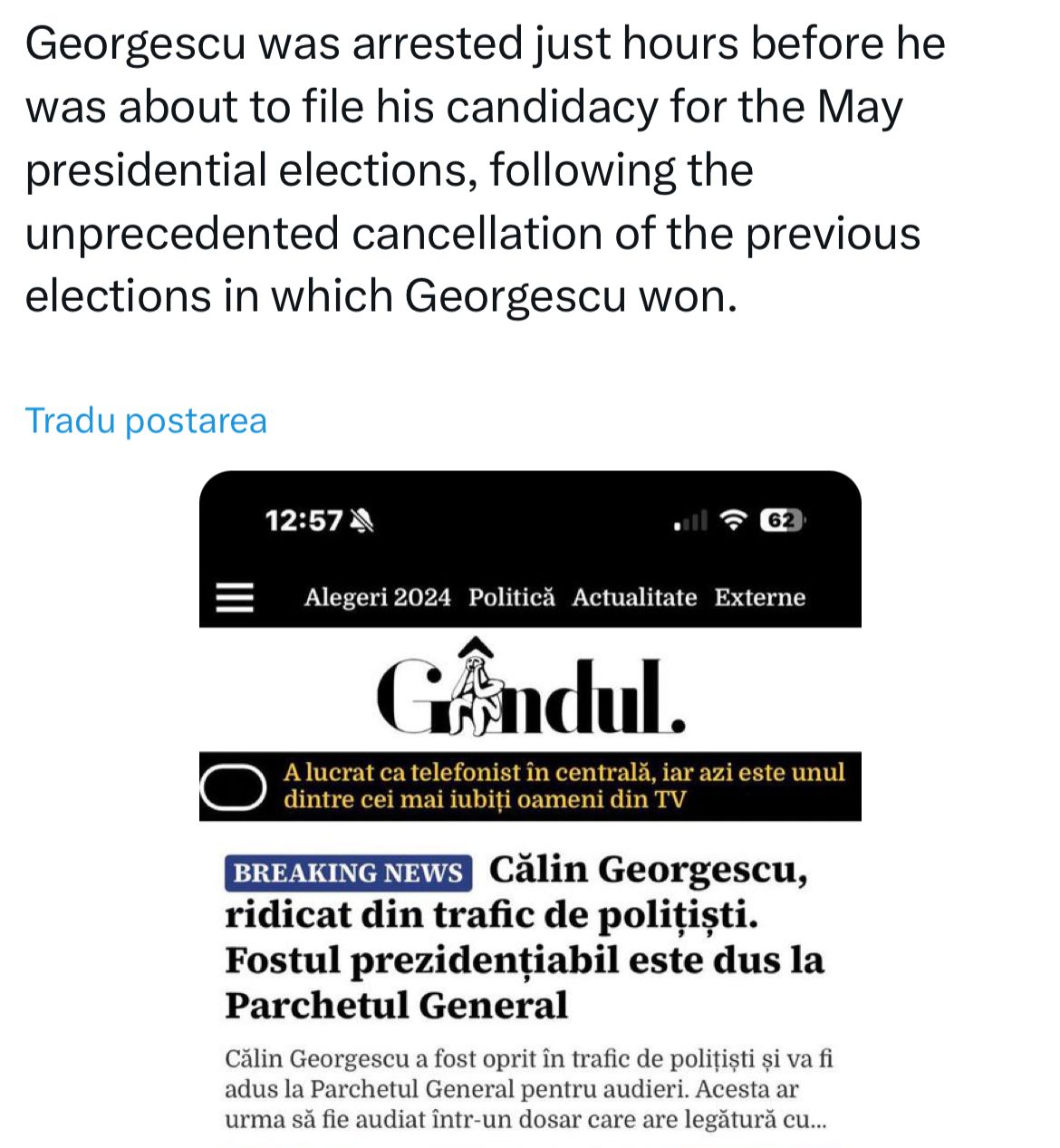 Publicația Gândul, preluată de un influencer cu peste un MILION de urmăritori, în scandalul ridicării lui Călin Georgescu