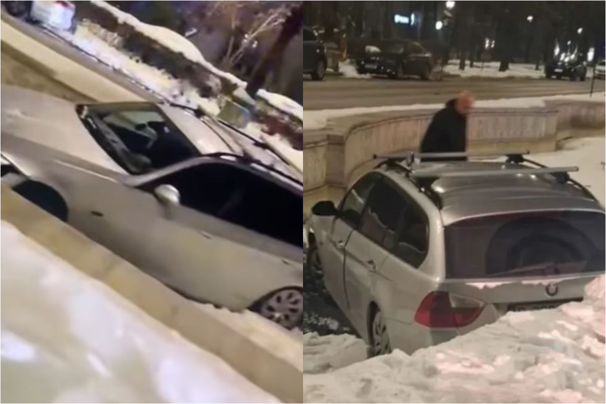 Un șofer a plonjat cu BMW-ul într-una dintre fântânile din Piața Unirii, după ce ar fi derapat pe carosabil